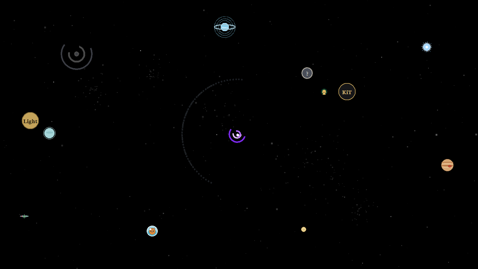Cosmos face: a gravity well at the centre, a second event hole drifting past a sun, moon, two planets, a kitten and a UFO, Kit Commander cruising through, and a star mid-supernova, with the Light, Night, Off and KiT marks among them
