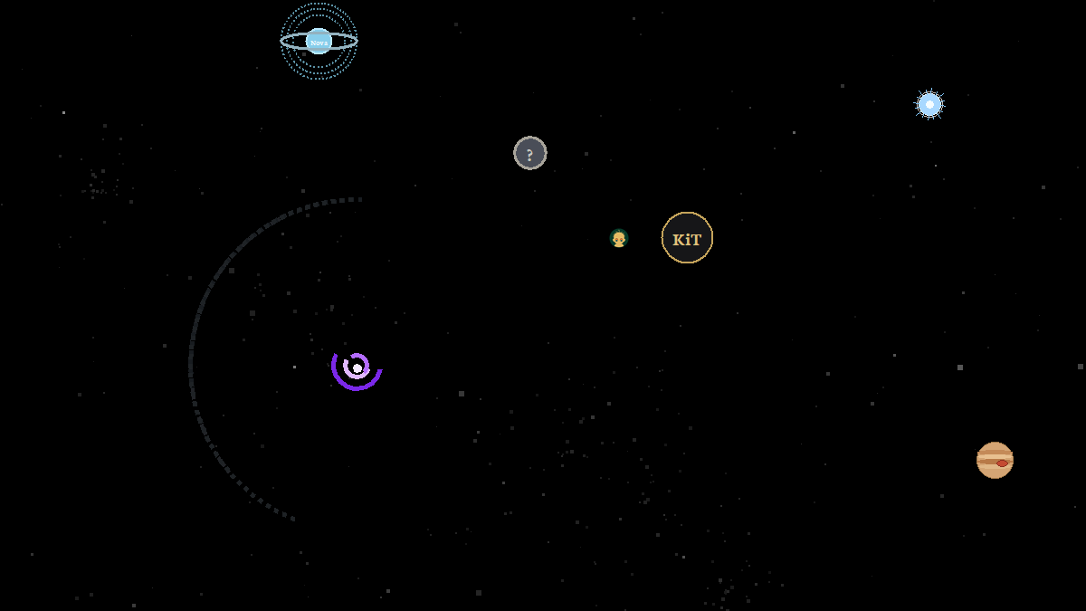 Cosmos face: the home gravity well, a second drifting event hole, a sun and a ringed planet, with Kit Commander flying past